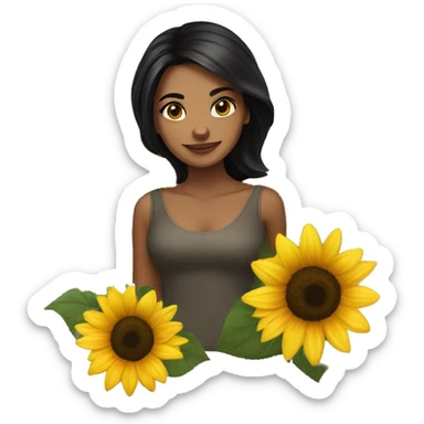 Beautiful lady with black hair and brown eyed , holding sunflower sticker