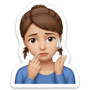 ["Sad woman with brown hair tied up, wiping away a tear."] sticker
