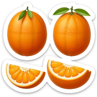 small oval citrus fruit with smooth glossy orange skin, whole and halved to show juicy segments and tiny seeds, firm slightly dimpled texture, miniature scale, no leaves or extras, soft lighting, subtle shadows, emoji scale sticker