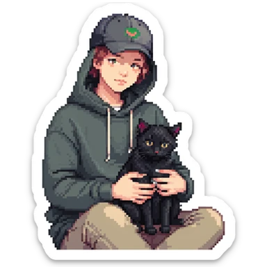 guy with a cap and hoodie, two black cats on his lap sticker