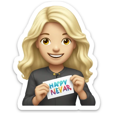 Cute long haired light blonde girl holding up a Happy New Year sign  sticker