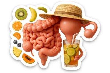EMOJI STILE IPHONE DI INTESTINO E UTERO UMANI REALISTICI CON CAPPELLO DI PAGLIA DA SPIAGGIA CHE BEVE UN Tè FREDDO IN BICCHIERE DI VETRO CON DENTRO  fette di cetriolo, limone, lime, DIETRO L'INTESTINO FLUTTUANO PEZZETTI DI Kiwi
Banana acerba
Arance e mandarini
Mirtilli
Ananas
Papaya
IPERREALISTICO 4K sticker