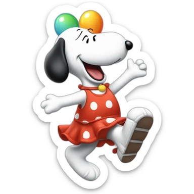 Snoopy bailando vestido de payaso con globos y una torta sticker