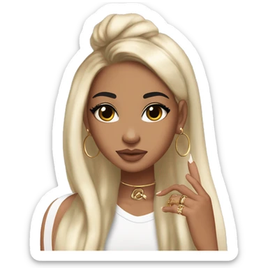 Glamorous, streetwear, black hair, long straight hair, olive skin, brown almond eyes, winged eyeliner with big lashes, wearing hooped earrings, rings and bracelets, almond shaped fake nails, wearing athletic wear sticker