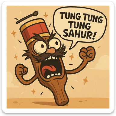 wooden club-shaped emoji character with bug eyes, carved face, wild mustache, drum hat, chaotic energy, sparkles, shouting 'TUNG TUNG TUNG SAHUR!', cartoonish exaggerated style sticker
