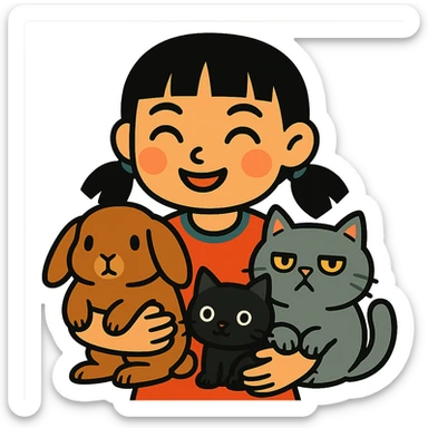 brunette chinita girl holding a brown holland lop rabbit, gray persian cat, and black kitten in vibrant-toon style sticker