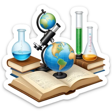 Icon for Scientific and Educational Reading: an open book with mathematical formulas, a microscope, a test tube, and a globe. The icon should represent the curiosity and knowledge found in scientific and academic books. Transparent background. sticker