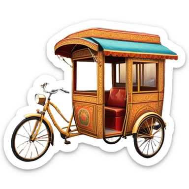 Cyclo rickshaw – Cinematic Realistic Cyclo Rickshaw, depicted as a charming, ornately painted three-wheeled cycle taxi with vintage detailing, set on bustling city streets under dynamic urban lighting that evokes cultural heritage and nostalgic charm. sticker
