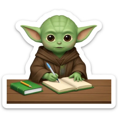 Baby Yoda con su tunica chocolate escribiendo en un cuaderno sobre un escritorio sticker