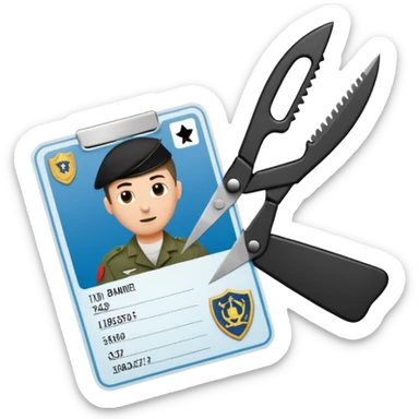 Floating black Scissors cutting in half an idf soldier ID card with a little chip in 2 parts sticker