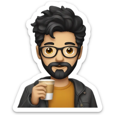 Hipster with black hair, beard and glasses drinking cappuccino   sticker
