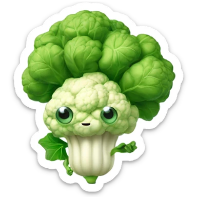 3D cauliflower character with big eyes 👀, a few green leaves 🍃, and leafy hands holding a small mirror 🪞 while gazing into it.  sticker