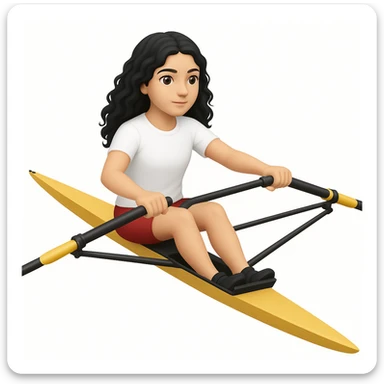 Altındaki tekneyi olimpik kürek sporu için uygun, uzun ve ince yarış teknesi olarak değiştir. Kız siyah uzun dalgalı saçlı, beyaz tenli, kırmızı şort ve beyaz kısa kollu tişörtle olimpik kürek sporu yapıyor sticker