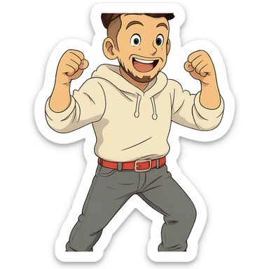 1 male, mid fade haircut dark chestnut brown curly hair, toasted lightskin, white hoodie sleeves up, gray fashion jeans, red fashion-sneakers shoes, red belt, short trimmed beard and goatee,  style of deku from "my hero academia",  "happy!" pose sticker