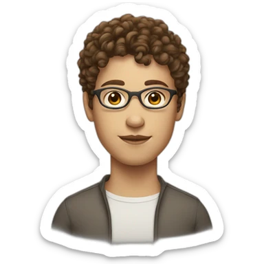 Androgynous white person with short curly brown hair with bangs and circle glasses sticker