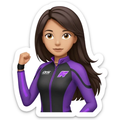 brunette long hair woman with black racing outfit with single purple strips on arms sticker