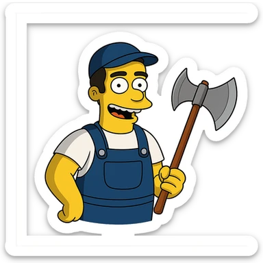 Regenerate the image keeping the same angle, facial expression, clothing, and size proportions, but replace the wrench with a medieval axe. The style should be in the Simpsons style with a transparent background. sticker