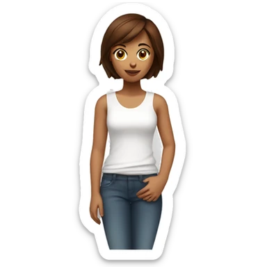 girl with short brown hair, white t-shirt with sangria, and with a little person on her arm   sticker