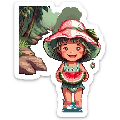 smiling child in oversized sun hat, juicy watermelon slice, playful river splashes, pixel art, sunny summer day sticker