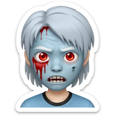 Create a 3D emoji-style avatar with very pale blue-grey zombie skin like the reference image, a young Asian face, and large eyes with blood tears. Give it white mullet-style hair, silver hoop earrings, and a plain black T-shirt. The face expression should be slightly angry, wwhite vampire teeth sticker