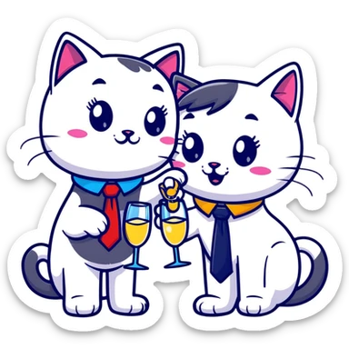 happy girl cat with eyelashes wearing a colorful necktie and happy boy cat wearing a professional necktie clinking champagne glasses together in celebration, both with cheerful expressions sticker