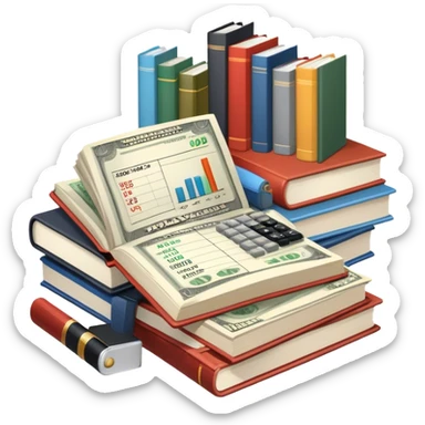 Icon for Business Reading: an open book with graphs, numbers, percentages, formulas, and text on the pages, next to a stack of books, a pile of dollars, a calculator and business magazines like Forbes. Transparent background. sticker