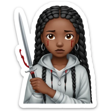 black girl with long black box braids cutting her wrists with a small blade and bleeding from it, her expression peaceful but sad sticker