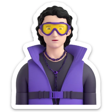 male athlete with white skin and moderately curly black hair on top with shaved sides, wearing ski goggles with purple frames and very dark black lenses, a simple plain black chain necklace, and an open shiny purple vest showing his chest and abs, no earrings sticker