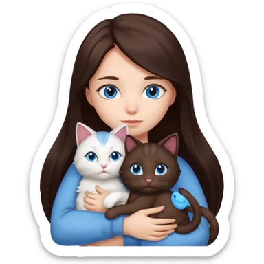 a girl with long dark 
brown hair, with blue eyes, hugs 3 different natural coloured cats sticker