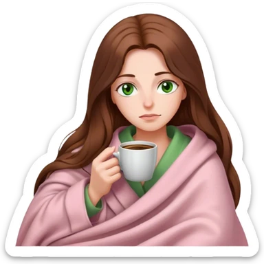 woman with very long brown hair and green eyes in a light pink blanket sleepy with coffee sticker