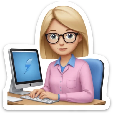 redattrice editoriale. Bionda, capelli lisci biondo scuro, lunghezza media. Occhi blu con occhiali. è al pc a lavorare. Indossa una camicia rosa chiaro sticker