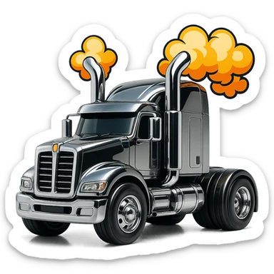 Add bold cartoon smoke coming out of the chrome stacks of the black Kenworth W680 truck rolling down the road. Emphasize big wheels, fun proportions, and a sense of speed with a transparent background. sticker