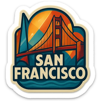 San Francisco logo in retro art deco style, featuring iconic elements like the Golden Gate Bridge, geometric shapes, and bold lines, with a vintage color palette sticker