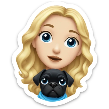 Girl with wavy blonde hair and blue eyes, kissing a black pug sticker