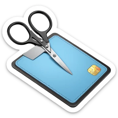 Floating black Scissors cutting a light blue military ID card in 2 parts .hyper realistic sticker