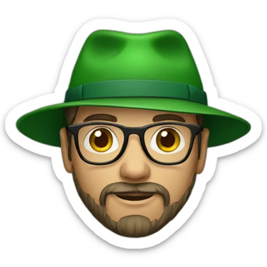man with glasses, beard and green hat sticker