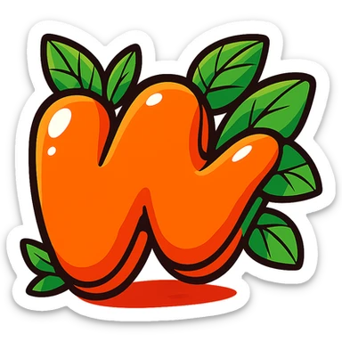 plump vibrant Wattpad logo 'w' in cartoon style, bold outline, expressive shadows, glossy highlights, decorated with bright leaves around the logo, no background, vibrant toon style sticker