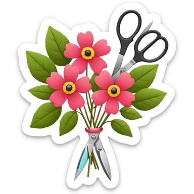Minimalistic flat vector icon, iOS style, thin black contour on white background. Flower bouquet with leaves and scissors. No text, no shadows. sticker
