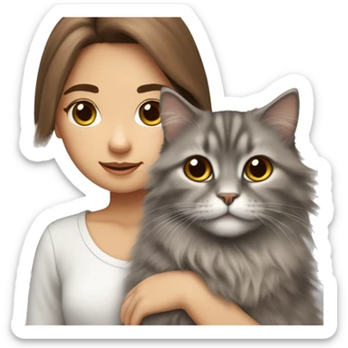  Chestnut brown straight hair girl holding fluffy Siberian gray cat  sticker