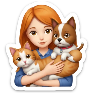 Girl holding a cat and a dog sticker