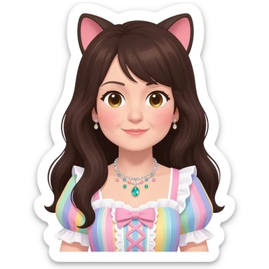 Gorgeous spectacular epic realistic mature anime-styled smooth soft shiny romantic pastel anime style lady with blushing cheeks, cat ears, long beautiful luscious stylish hair, big pretty eyes, dark-brown hair, colorful pastel Lolita dress, necklaces, jewels sticker