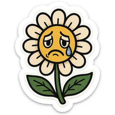 Make the sad flower have a teardrop in the style of cartoonish stickers sticker