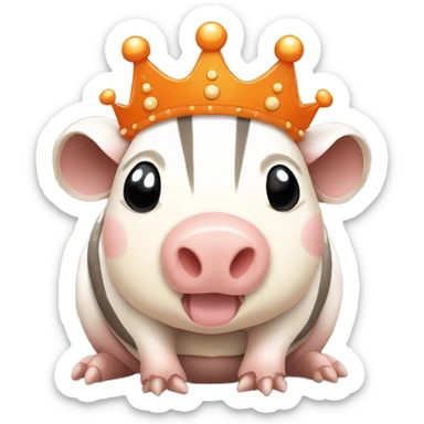 Orange and white piebald chubby round armadillo pig panda centipede armadillo wearing a crown sticker