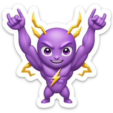 cute purple bug with confident narrowed eyes, strong flexing muscular arms, a fun happy smiling expression, and electric lightning bolt arms sticker