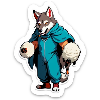 the whole body of a wolf with a human body in its hand, with sheep's masks in its hands sticker