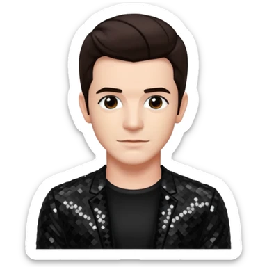 Drake Bell with dark brown hair, black sequin outfit sticker