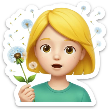 A 3D cartoon child blowing on a dandelion, seeds flying in the air, sunny garden background, realistic Memoji-style. sticker
