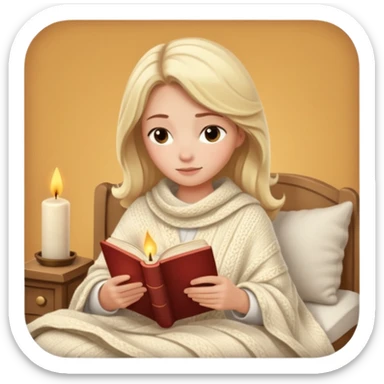 Cozy blonde girl reading book with blanket and candle sticker