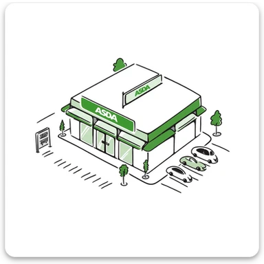 Isometric ASDA supermarket with distinctive green branding, shopping trolley collection points, customer entrance with automatic doors, and car park sticker