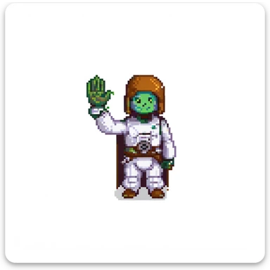 pixel art of a character waving and saying 'Hello there', inspired by Star Wars sticker